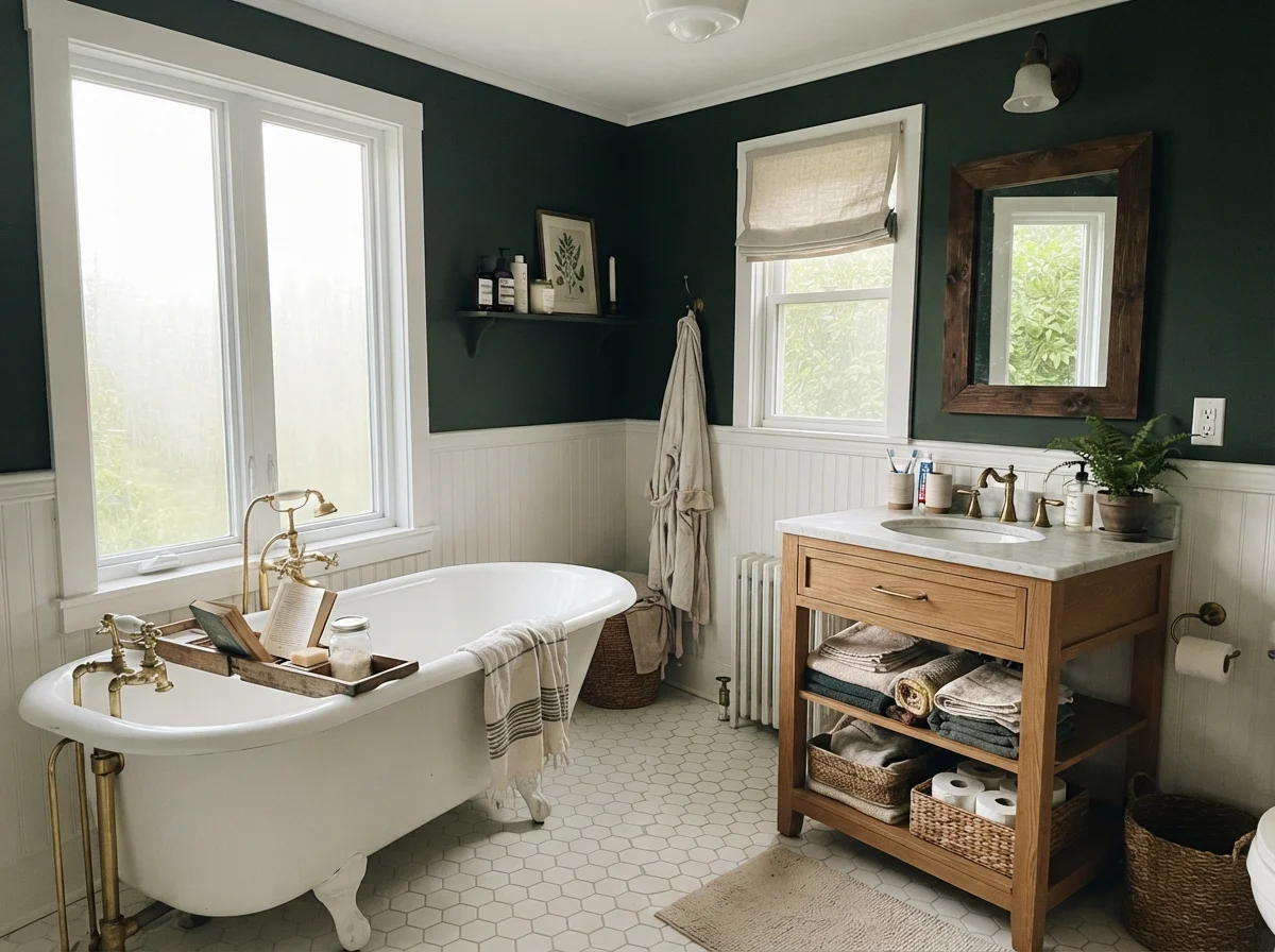 Cottage bathroom featuring a white clawfoot tub against Essex Green walls.