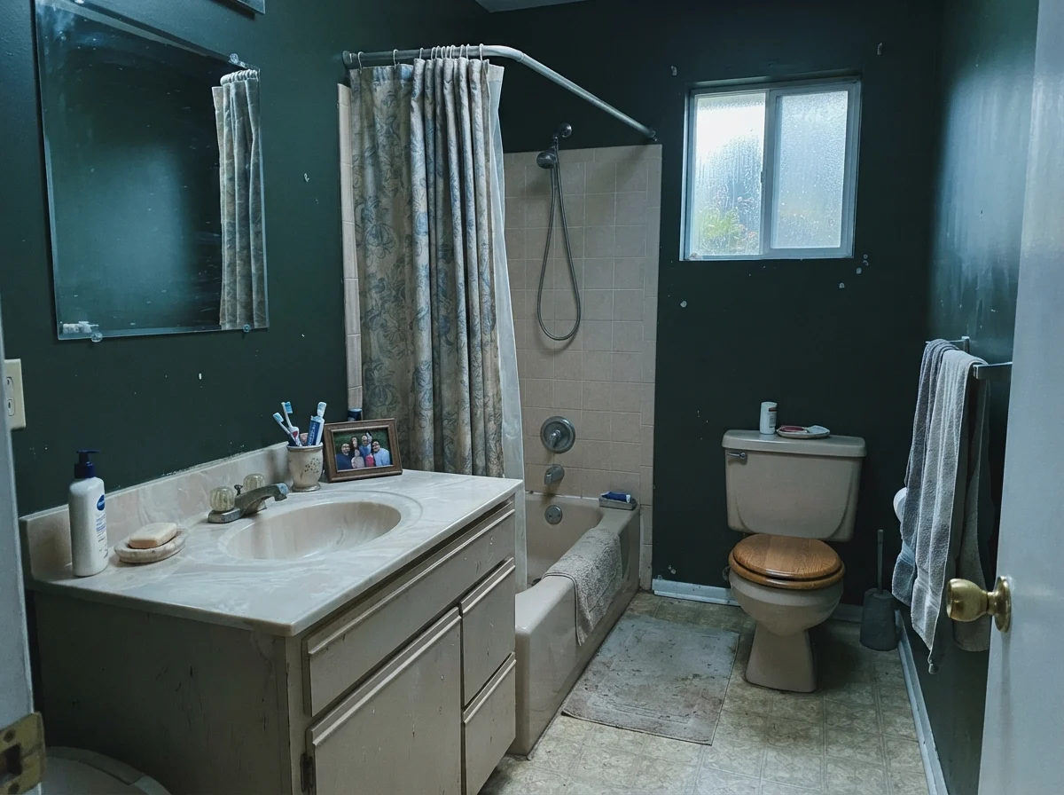 Bathroom painted dark green in cool north light on a rainy day.