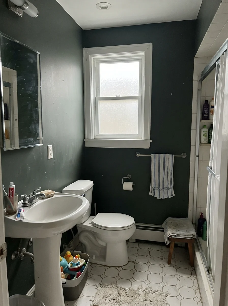 Small bathroom showing Essex Green taking on a muted gray tone in overcast light.