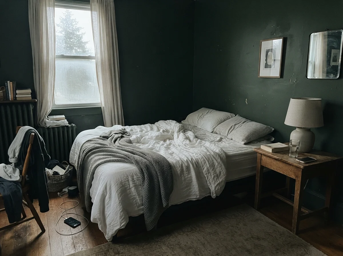Bedroom with dark painted walls in early morning cool daylight.