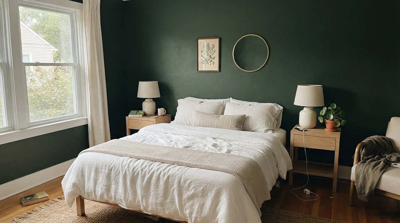 Master bedroom with Essex Green walls and white linen bedding.