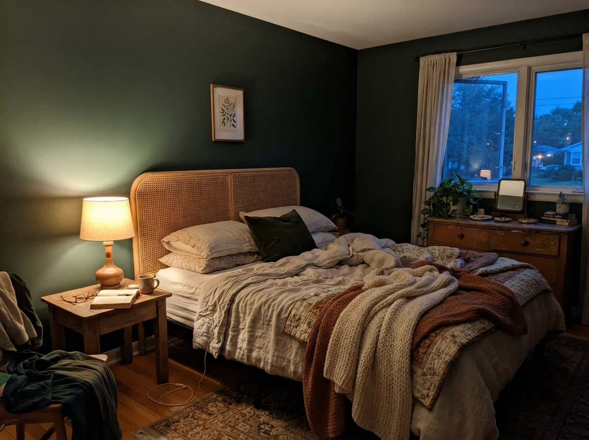 Bedroom at dusk with a warm table lamp reflecting off dark green walls.