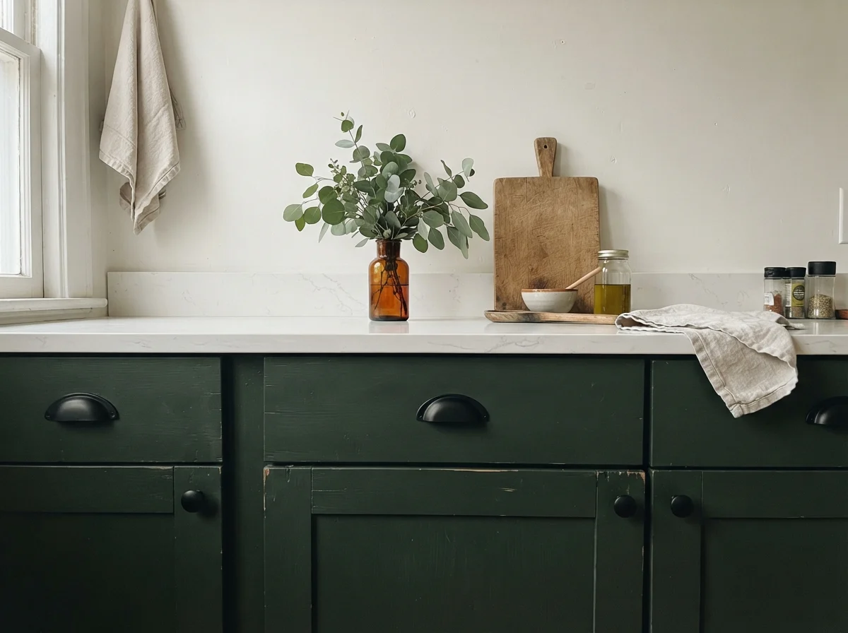 Close-up of Essex Green shaker cabinets and white quartz countertop.