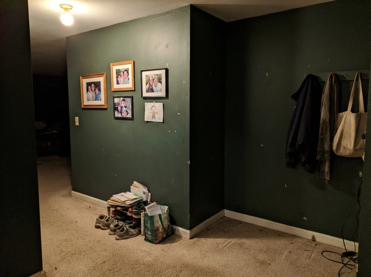 Dim windowless hallway corner showing Essex Green collapsing into flat muddy black.