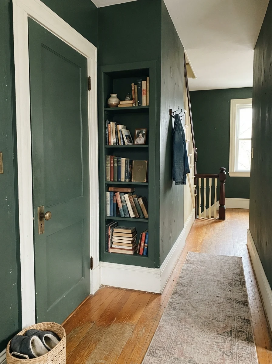 Interior hallway door and bookshelf painted Essex Green.