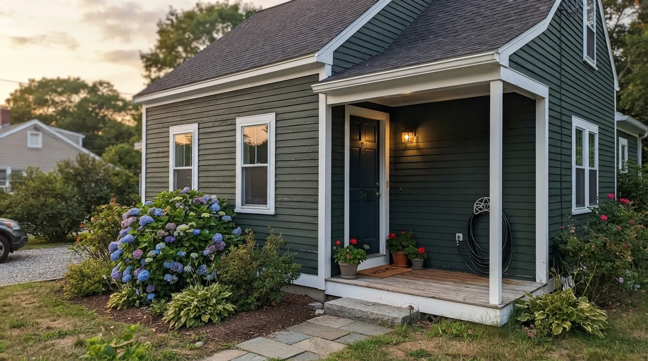 House exterior with Essex Green horizontal siding and white trim in evening light.