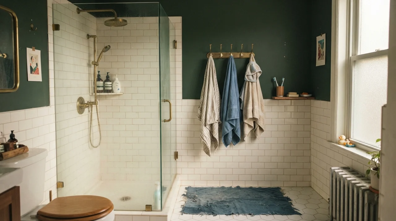 Family bathroom with Essex Green upper walls above white subway tile wainscot and brass fixtures.