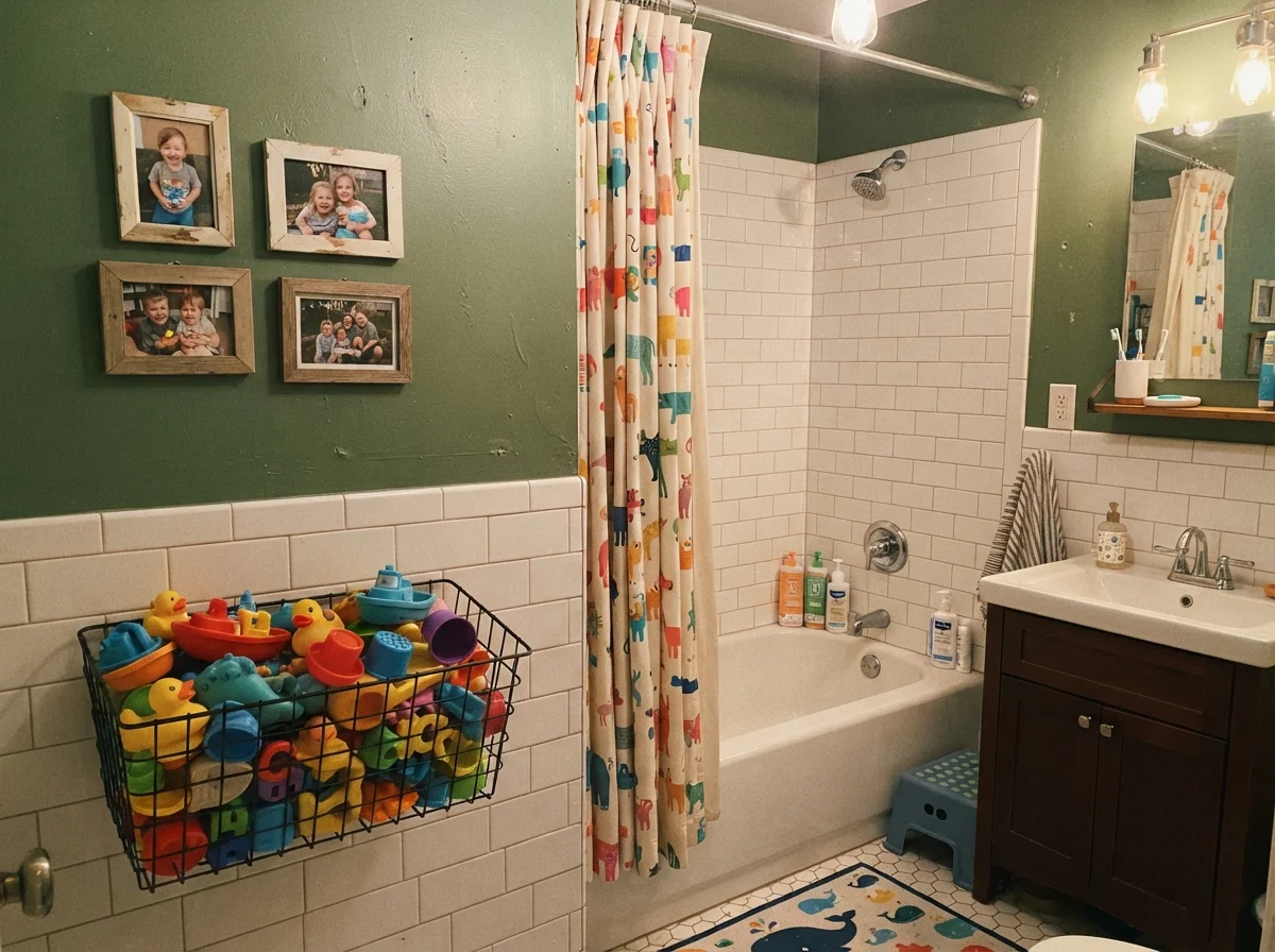 Kids' bathroom with Essex Green upper walls and warm evening lighting.