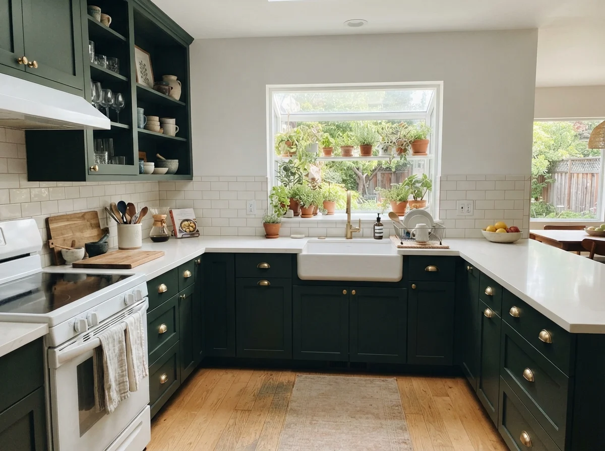 Kitchen with Essex Green upper and lower cabinetry and white subway tile.