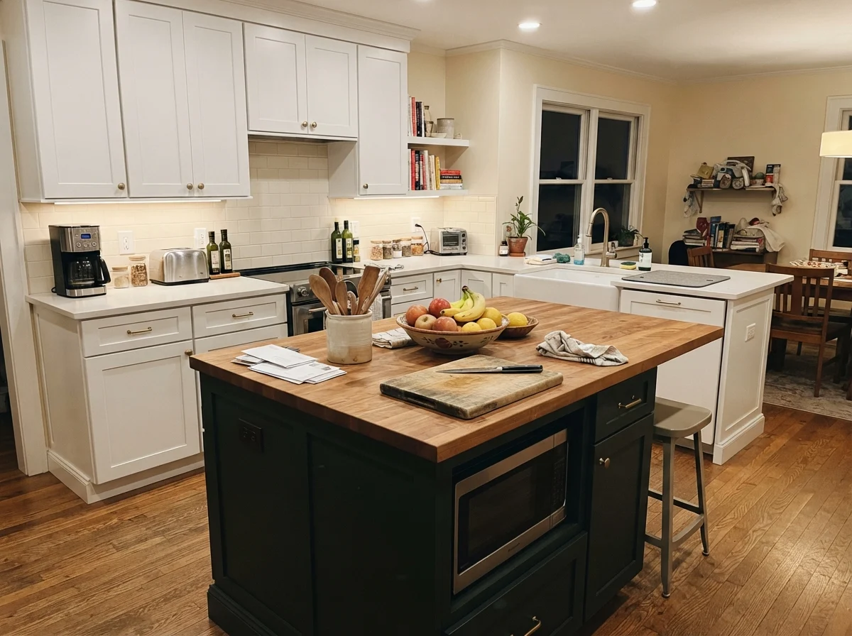 Kitchen island in Essex Green with white perimeter cabinets and warm lighting.