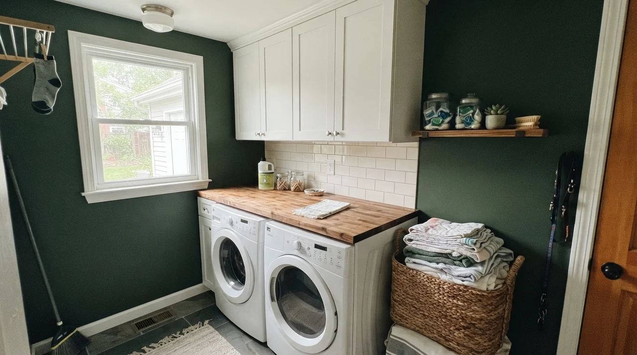 Laundry room with dark green walls, white cabinets, and butcher block counters.