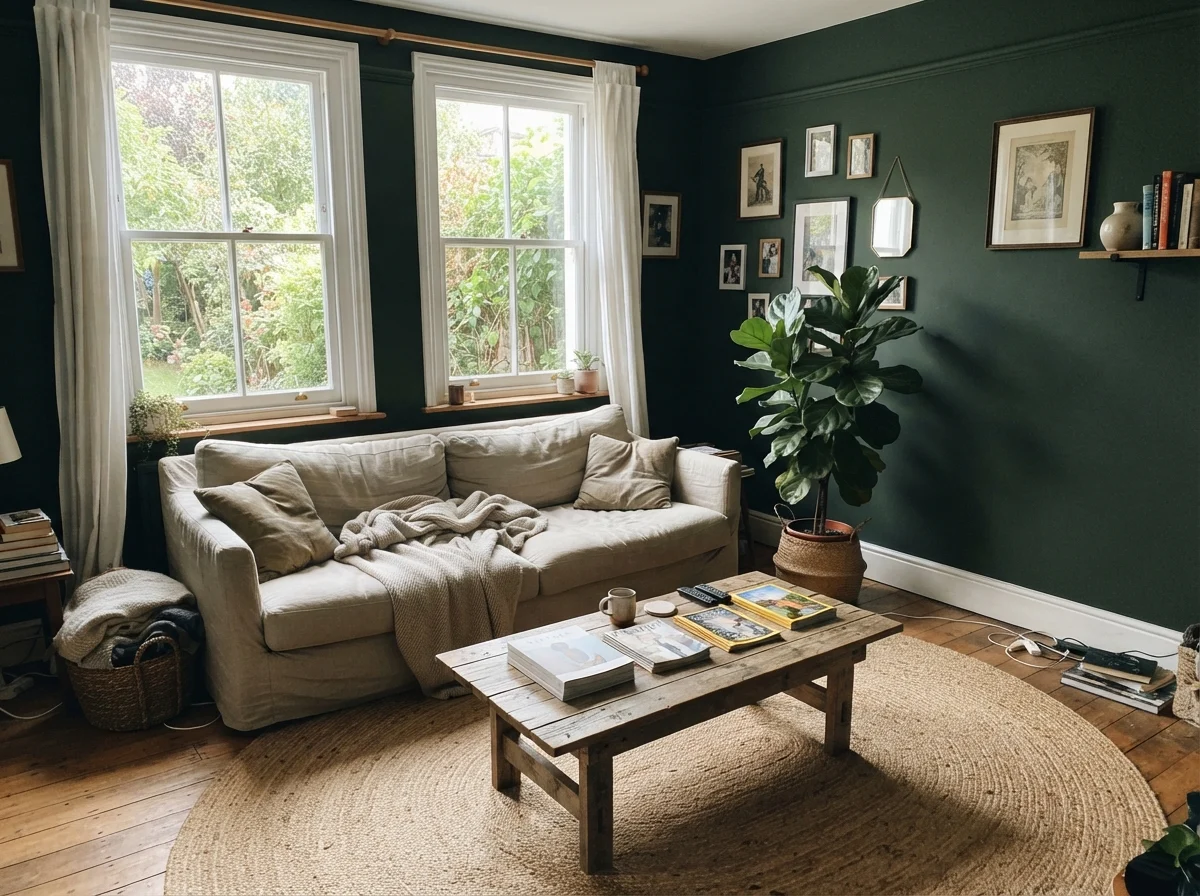 Bright living room with Essex Green walls, linen sofa, and natural light.