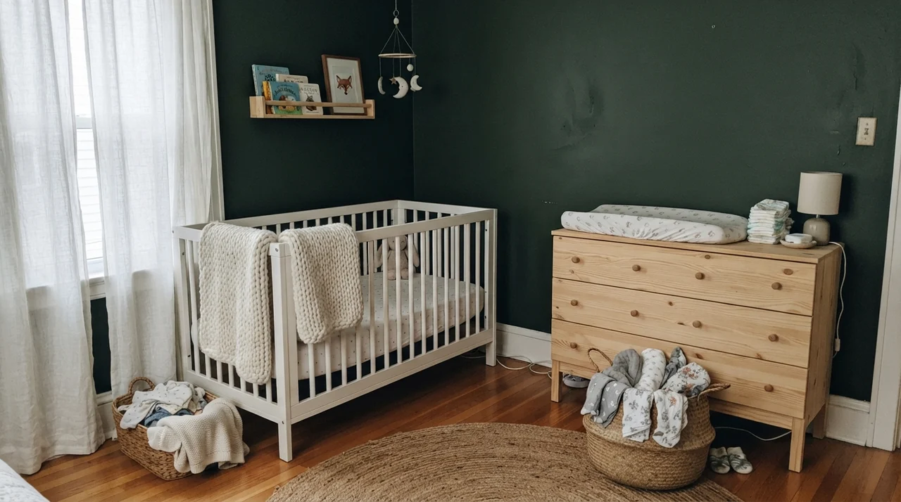 Nursery with dark green walls, white crib, and light wood dresser.