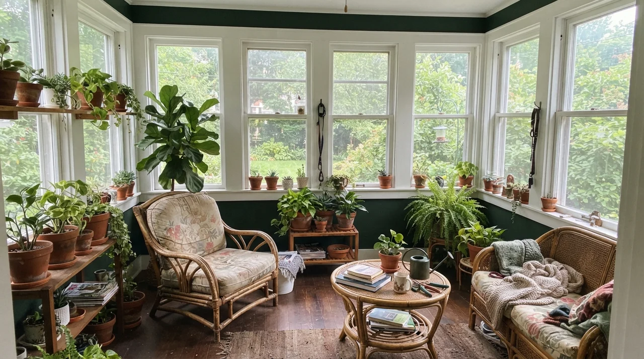 Sunroom with dark painted walls between bright white window trim and houseplants.