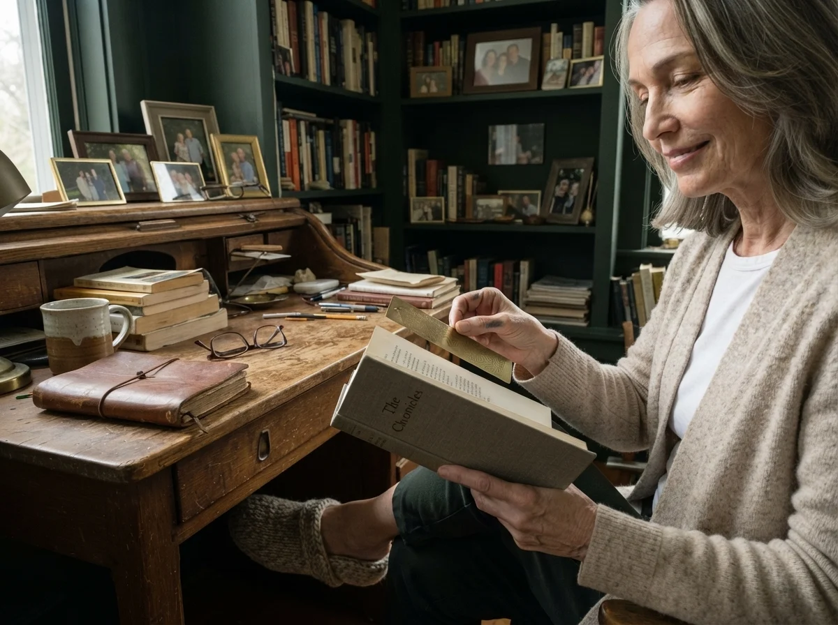 Susan Hartley at her desk in her study painted in Benjamin Moore Essex Green.
