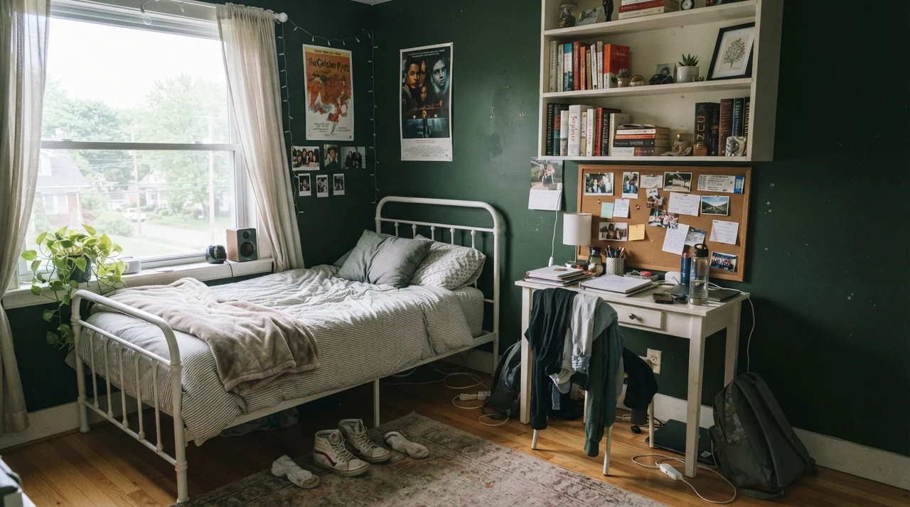 Teen bedroom with Essex Green walls, white desk, and metal bed frame.