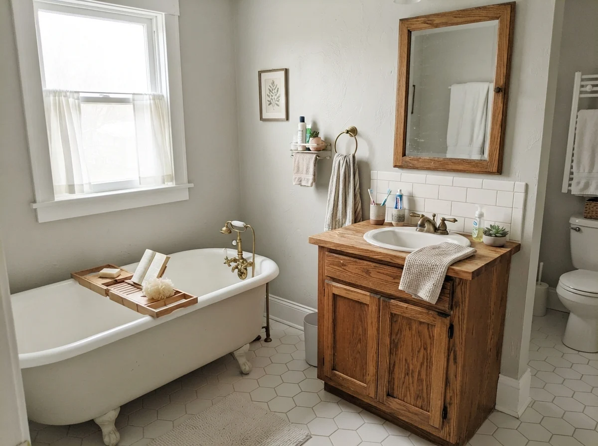Cottage bathroom with white clawfoot tub, oak vanity, and Gray Owl walls.