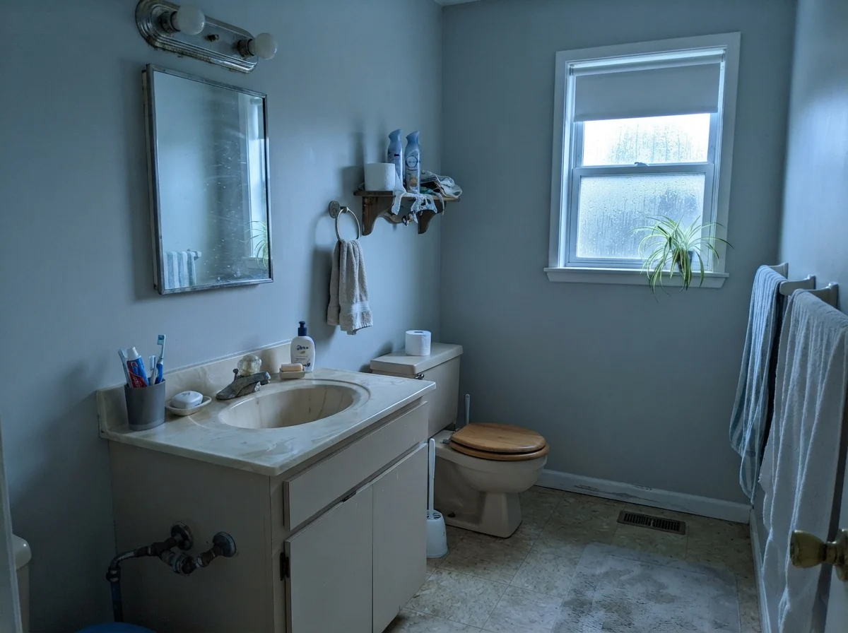 Older bathroom with Gray Owl walls showing cool undertones next to a beige vanity.