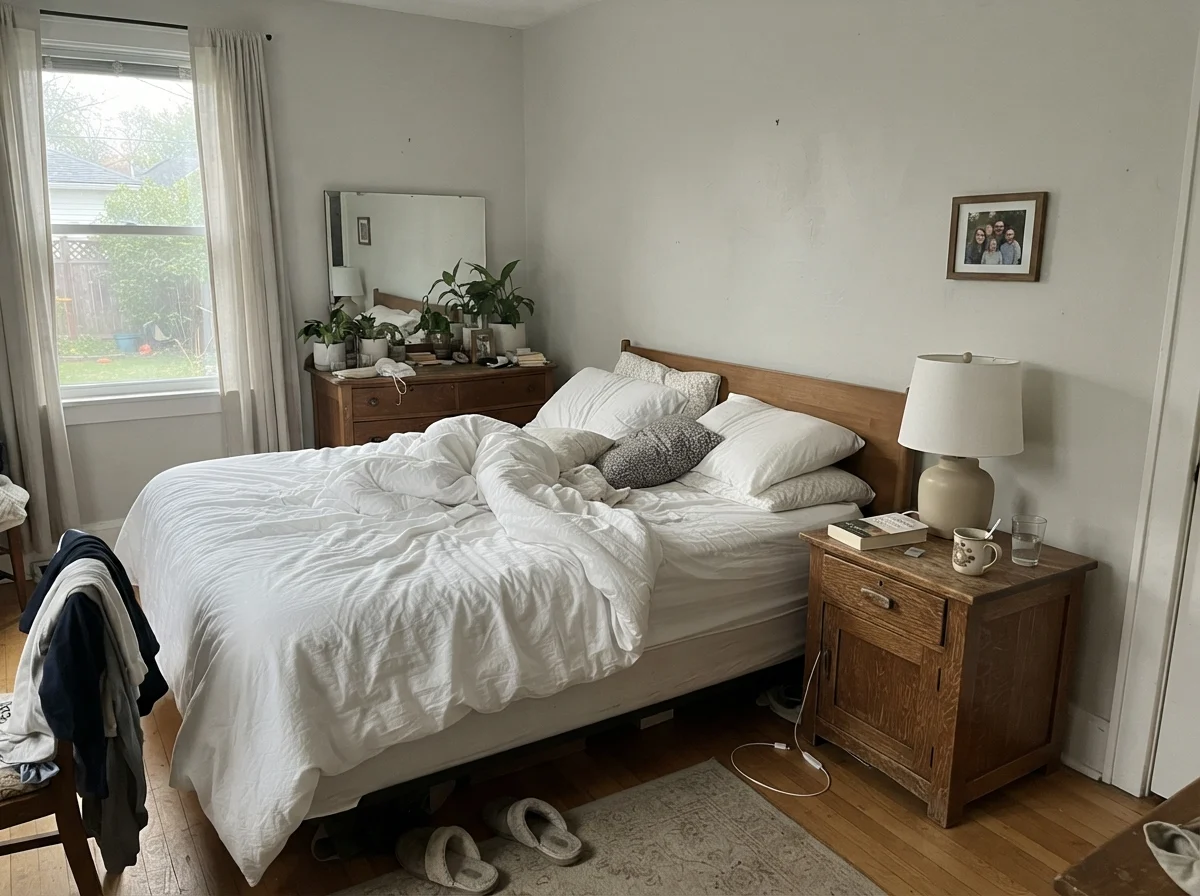 Bedroom with Gray Owl walls in cool early morning daylight, unmade bed, wood nightstand.