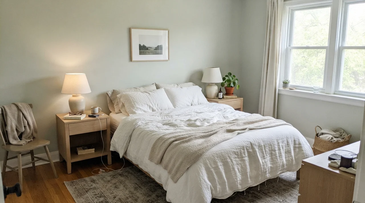 Main bedroom with painted walls, pale oak nightstands, and white linen bedding in soft daylight.
