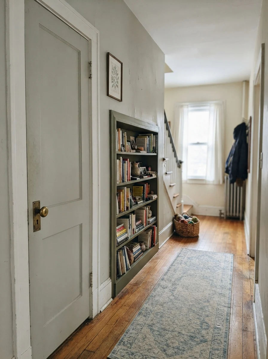 Hallway with Gray Owl painted door and built-in bookshelf against cream walls.