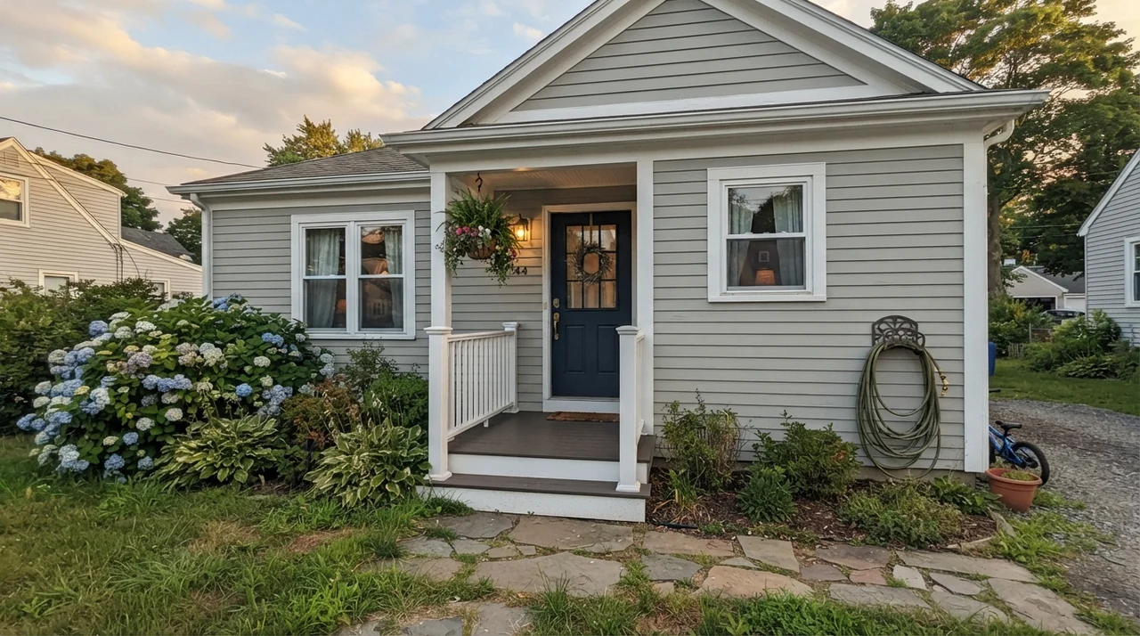 House exterior painted in Gray Owl siding with white trim and dark door.