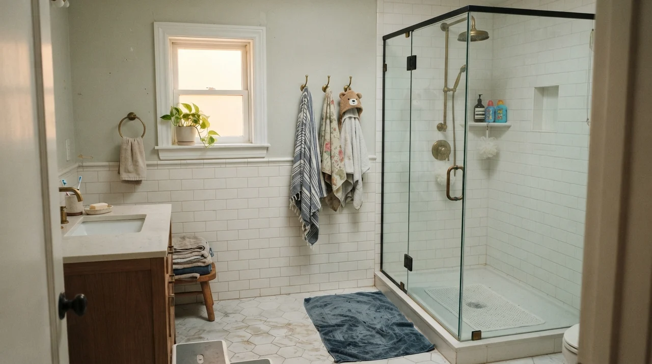 Family bathroom with Gray Owl upper walls, white subway tile wainscot, brass shower fixtures, and a bath mat in soft daylight.