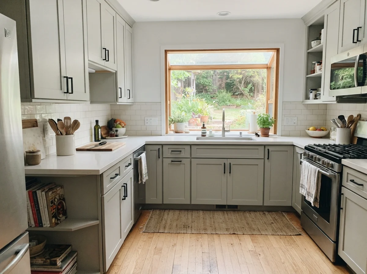 Kitchen with Gray Owl painted cabinets, white quartz counters, and light oak flooring.