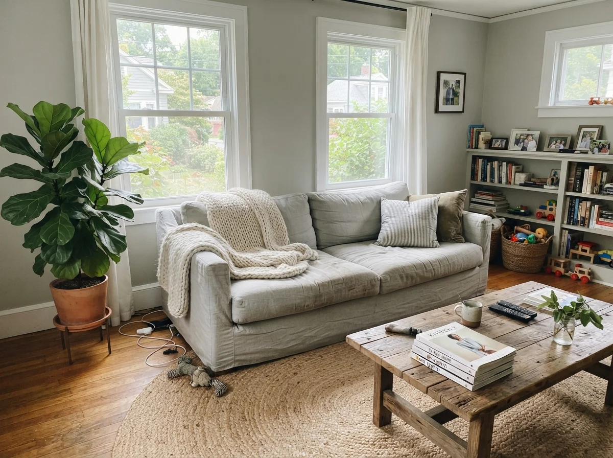 Sunny living room with Gray Owl walls, linen couch, and jute rug.