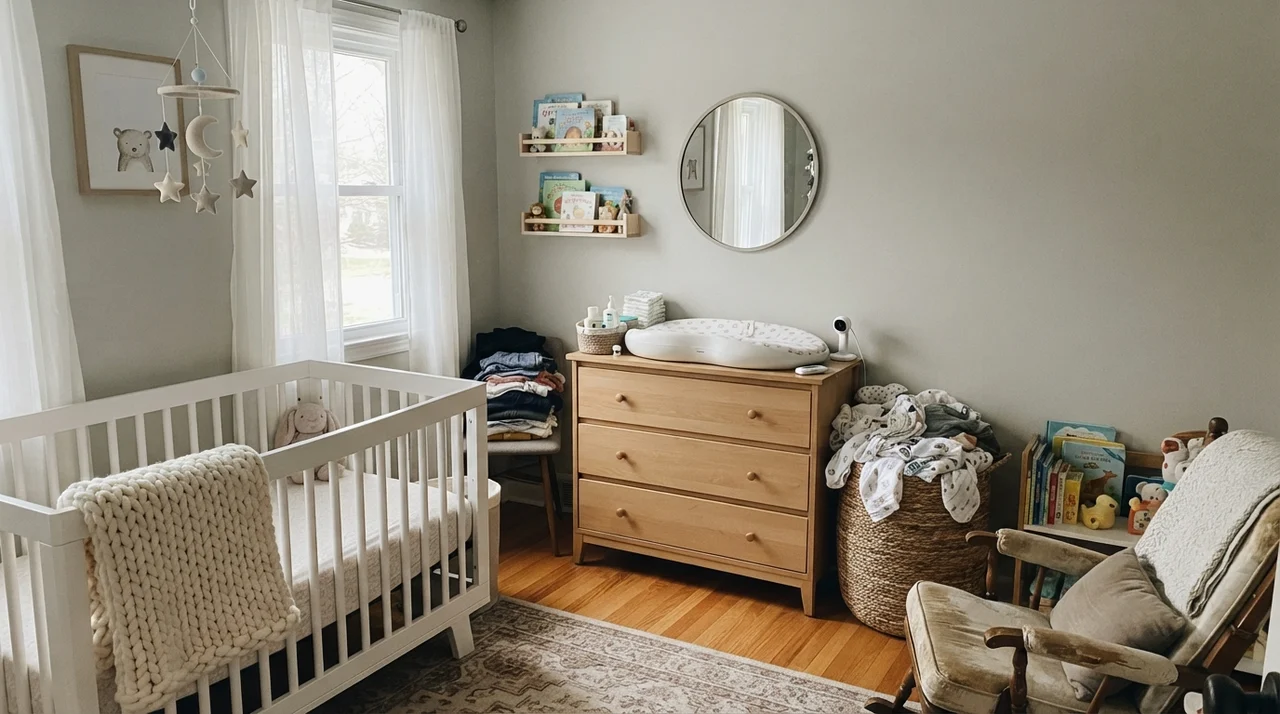 Nursery with Gray Owl walls, white crib, knit blanket, and light wood dresser.
