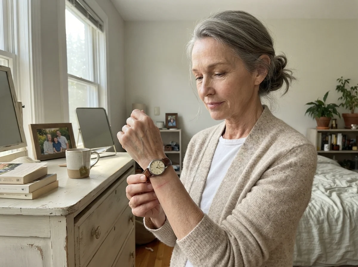 Susan fastening her wristwatch in a sunlit bedroom painted in Benjamin Moore Gray Owl.