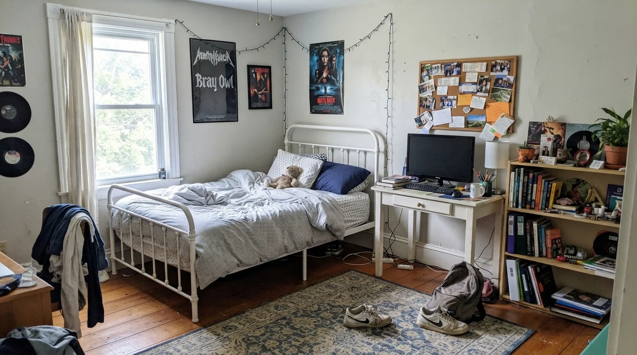 Teen bedroom with Gray Owl walls, white metal bed frame, desk, and books.