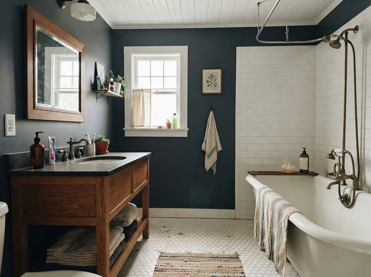 Cottage bathroom with Hale Navy walls, white clawfoot tub, hex tile floor, and oak vanity.