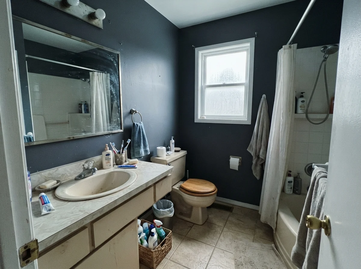 Modest bathroom showing cool cast on dark painted walls beside a beige vanity.
