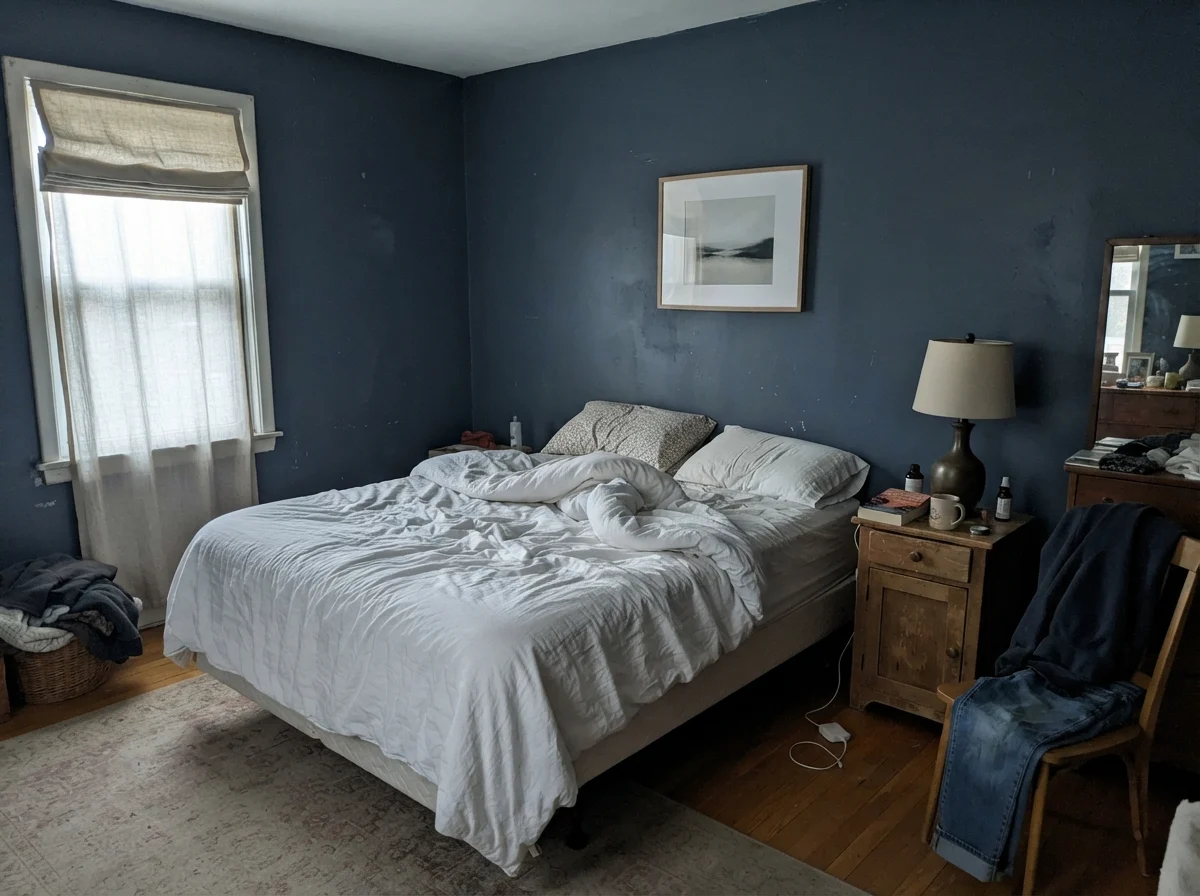 Bedroom with unmade white bedding, wood nightstand, and painted walls looking muted in early morning daylight.