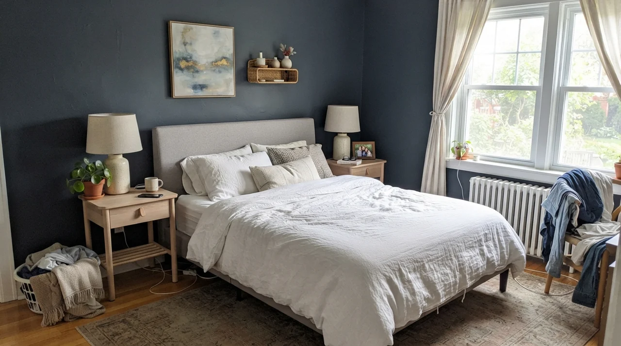 Main bedroom with Hale Navy walls, pale oak nightstands, and white linen bedding.