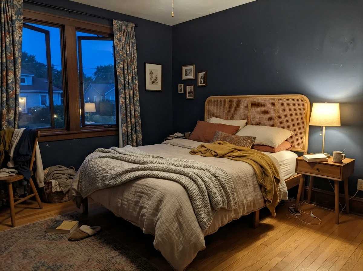 Bedroom at evening with warm lamp light glowing on Hale Navy walls and a rattan headboard.
