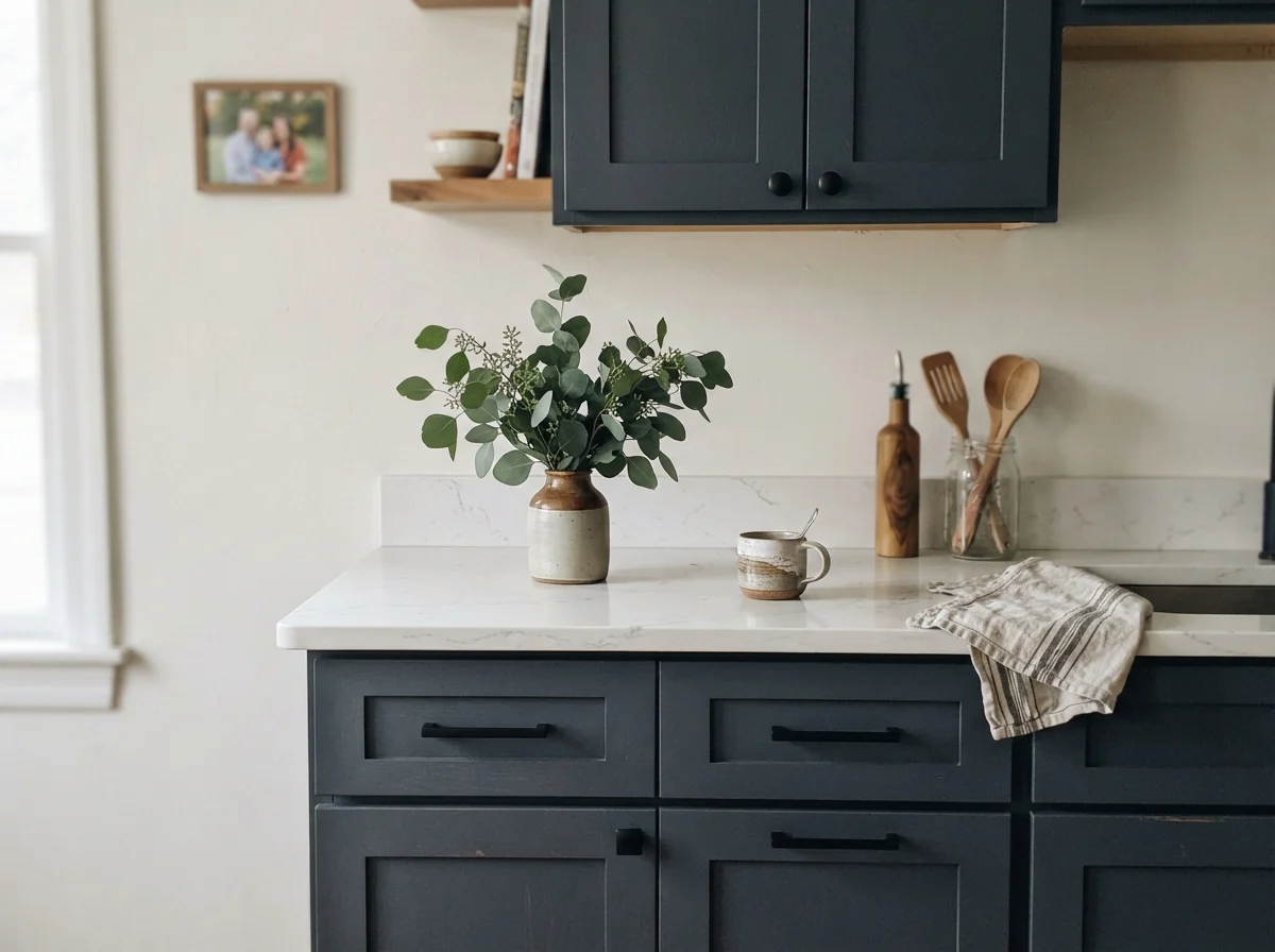 Close-up of Hale Navy cabinet doors with matte black hardware and white quartz counter.