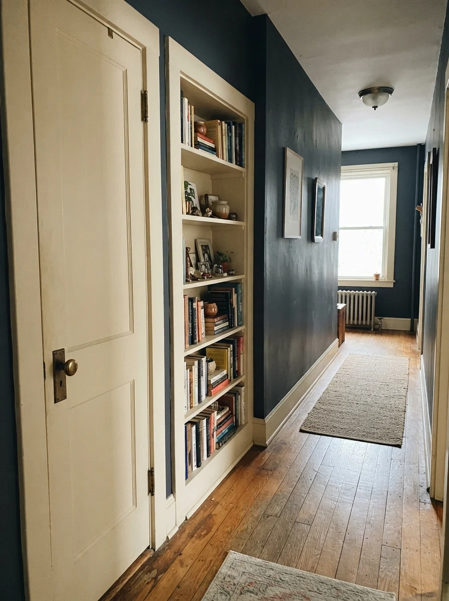 Hallway featuring a navy painted interior door and built-in bookshelf with stacked books.