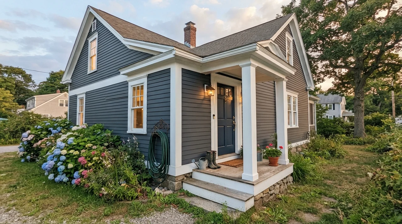House exterior with Hale Navy siding, white trim, front porch, and hydrangea bushes.