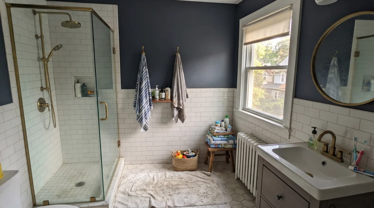 Family bathroom with Hale Navy upper walls above white subway tile wainscot, brass fixtures, glass shower door, and towels on hooks.