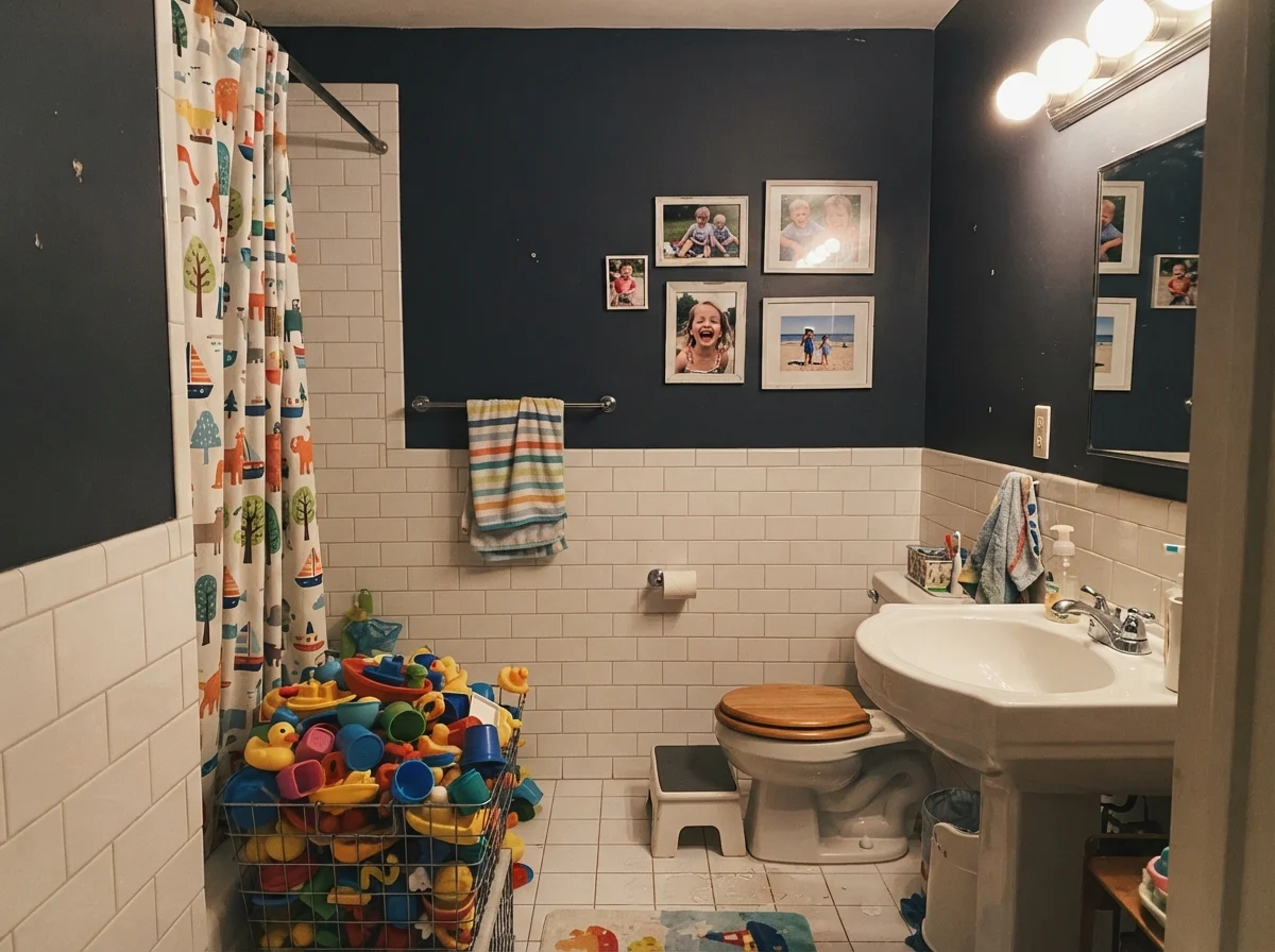 Kids bathroom with painted upper walls, subway tile, wire basket of bath toys, and shower curtain.