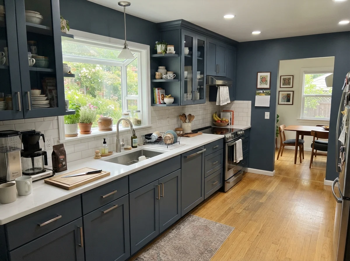 Kitchen shaker cabinets painted Hale Navy with white subway tile backsplash, white counters, and light oak floors.