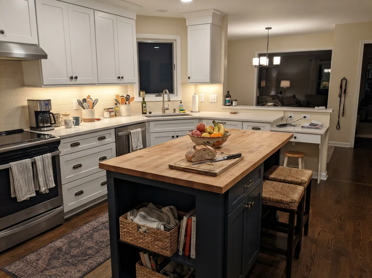 Kitchen island in Hale Navy surrounded by white cabinets and cream walls under evening light.