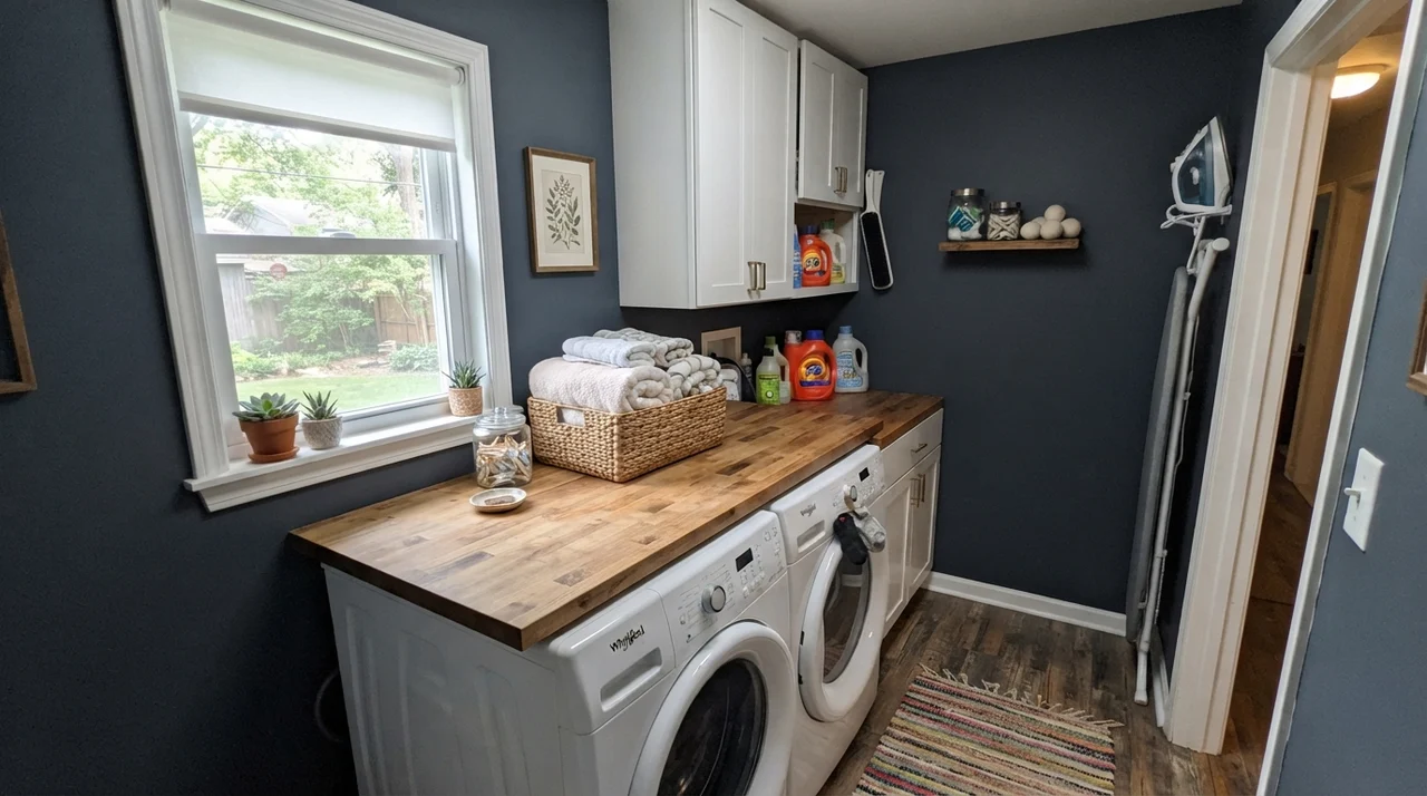 Laundry room with dark blue walls, white cabinets, and butcher-block counter over washer and dryer.