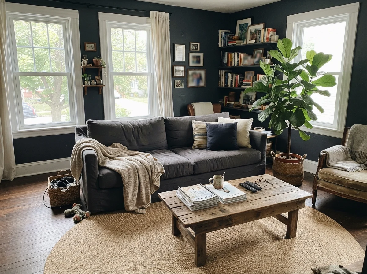 Bright living room with Hale Navy walls, linen sofa, wood table, and jute rug.