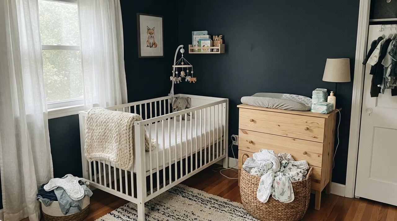 Nursery with dark painted walls, white crib, knit blanket, and light wood dresser.