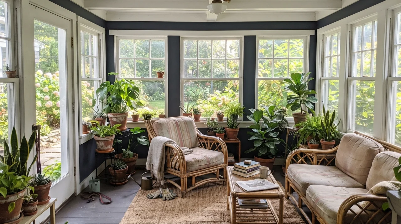 Sunroom with painted walls between white windows, rattan furniture, and houseplants.