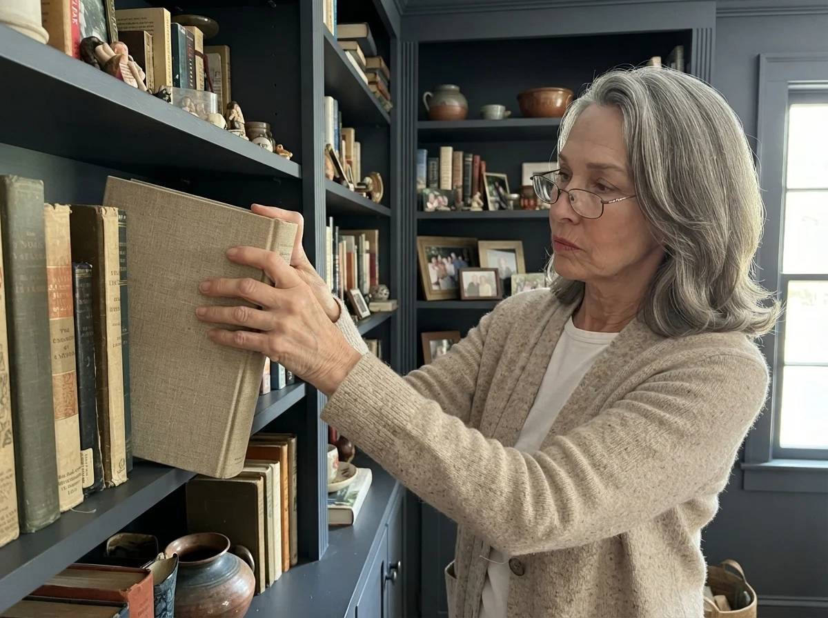 Susan Hartley adjusting books on built-in shelves painted in Benjamin Moore Hale Navy.