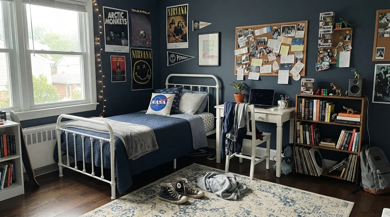 Teenager bedroom with painted walls, white desk, corkboard, and metal bed frame.